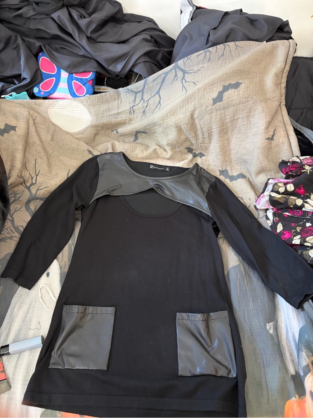 New York & Company Black Tunic with Faux-Leather Yoke and Pockets